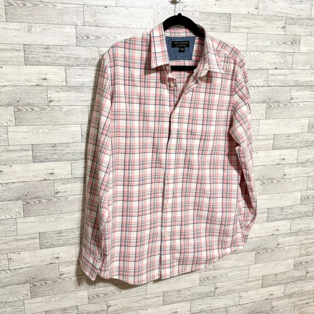 Banana Republic Mens- Large Standard Fit‎ Plaid Long Sleeve Button Down Shirt